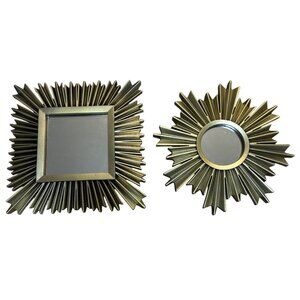 MCM Atomic Style Decorative Mirrors Set of 2 Sun Starburst Brushed Gold Tone 10"